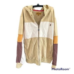 MAKOBI Paola Satin Hoodie Tan White Brown Size Large NWOT
